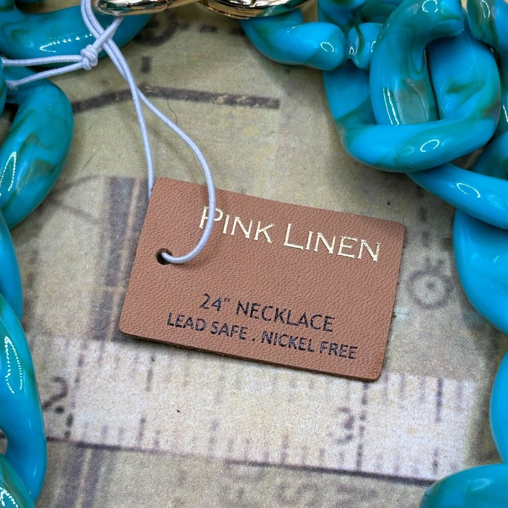 New Pink Linen Designer Chunky Lucite Acrylic Turquoise Blue Chain Neckl… - Picture 4 of 8